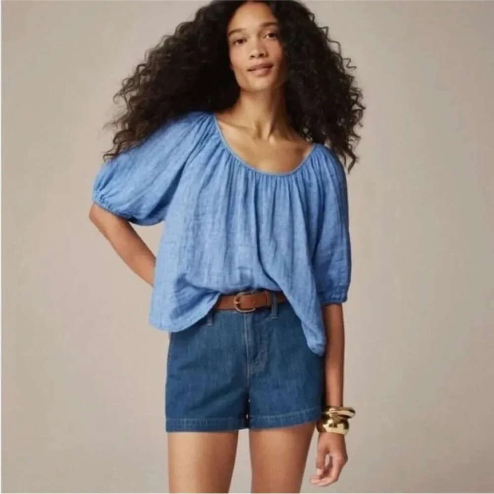 J.Crew Swingy puff-sleeve top in cotton-linen blend gauze Small